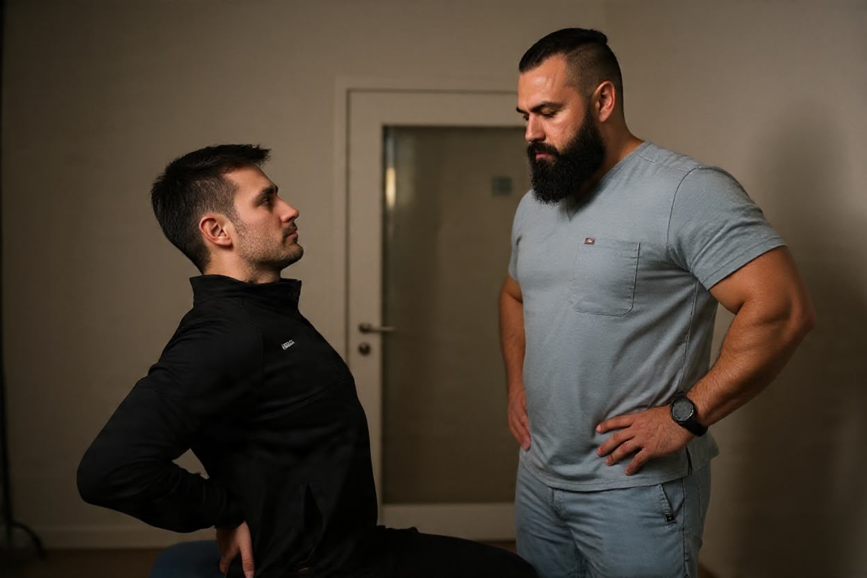Patient holding one side of their lower back while a physiotherapist watches how they move