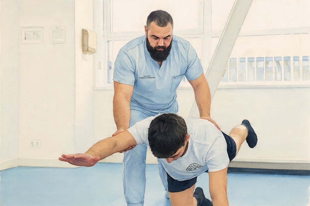 Physiotherapist guiding a patient through a supported leg stretch during treatment