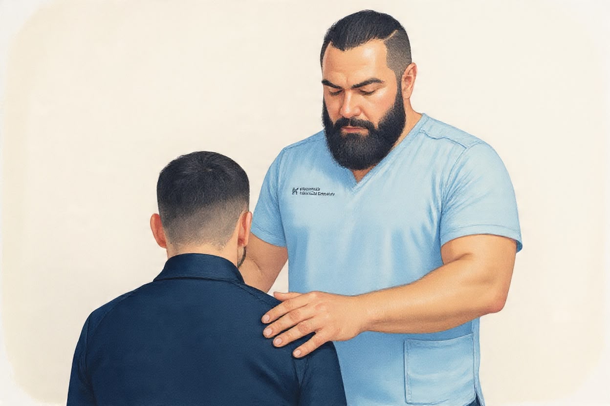 Physiotherapist easing a patient's neck into a side bend during assessment