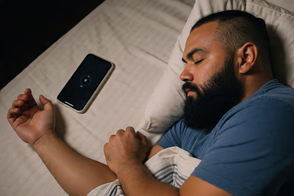 Person lying awake in bed at night beside a lit phone screen
