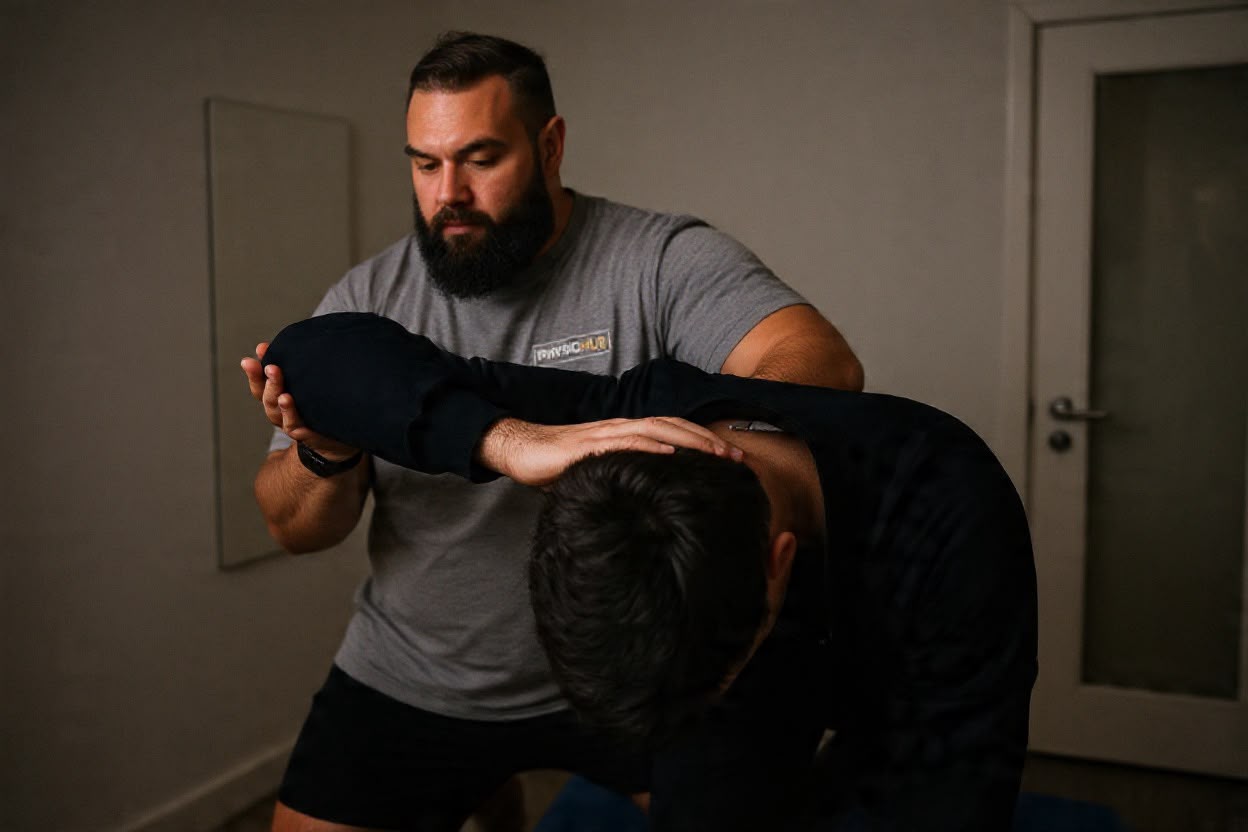 Physiotherapist supporting a patient's outstretched arm while testing shoulder movement