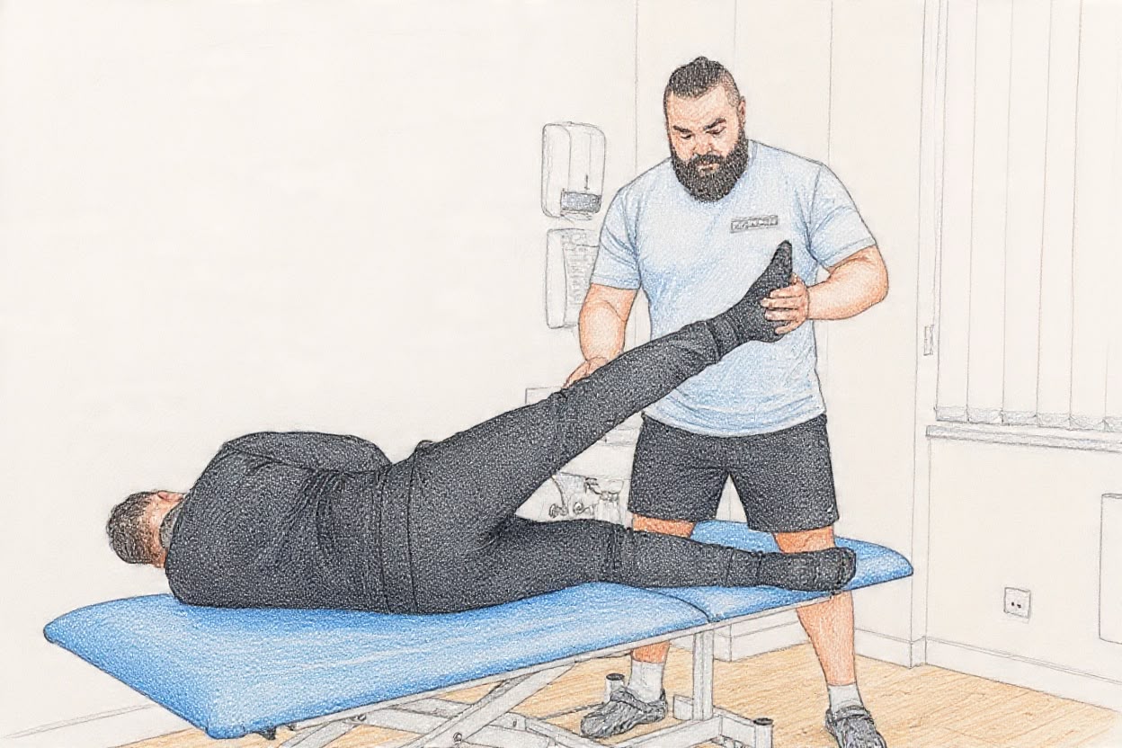 Physiotherapist guiding a patient through a leg raise on a treatment couch
