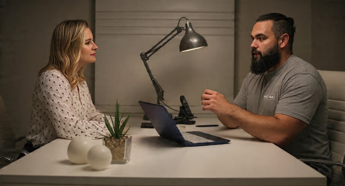Clinician discussing symptoms with a patient across a consulting room desk