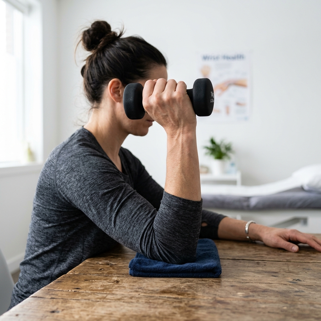Person resting their forearm on a towel on a wooden table while holding a light dumbbell for wrist extension