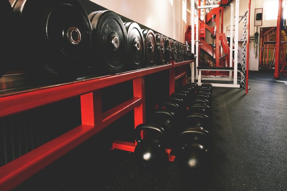 A rack of dumbbells lined up along a gym wall