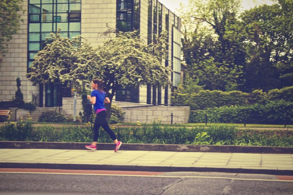 A runner on a tree-lined path through a park